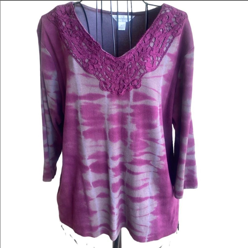 Christopher & Banks Blouse Purple & Gray Tie Dye 3/4 Length Sleeve Size XL